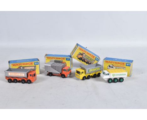 FOUR BOXED MATCHBOX SERIES DIE-CAST MODEL VEHICLES, the first is a Ford Refuse Truck no.7, red body and grey tipper, good con