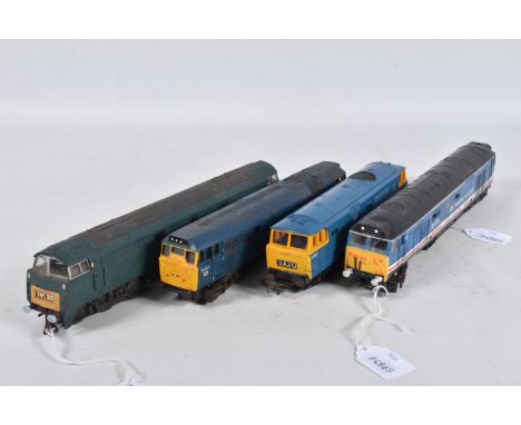 FOUR UNBOXED OO GAUGE LOCOMOTIVES, Lima class 52 'Western', repainted in B.R. blue livery but has no names or numbers, missin