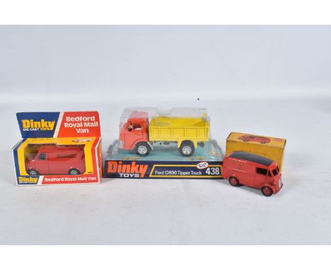 THREE BOXED DINKY TOYS MODEL DIE-CAST VEHICLES, the first a Ford D800 Tipper Truck 438, orange cab with silvered detail, yell