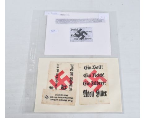 THREE ANTI-DOLFUSS NAZI PROPAGANDA LEAFLETS, two feature black printed words with a large red Swastika in the centre and the 