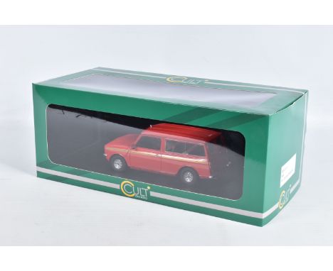 A BOXED CULT SCALE MODELS MINI CLUBMAN ESTATE HL 1:18 MODEL VEHICLE, numbered CML018-1, painted red with two gold stripes to 