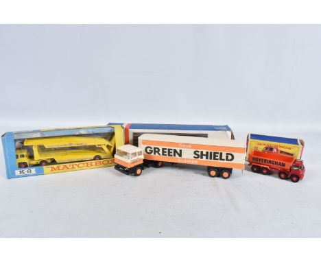 TWO BOXED MATCHBOX KING SIZE MODEL DIE-CAST VEHICLES WITH ONE OTHER, the first a 8-Wheel Tipper Truck, no.K1, red cab and bod