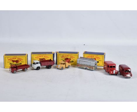 FOUR BOXED AND TWO LOOSE MATCHBOX DIE-CAST VEHICLES, the first a Moko Lesney Bedford Tipper Truck no.3, Burgundy and grey in 