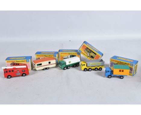 FIVE BOXED MATCHBOX SUPERFAST DIE-CAST MODELS, the first a Leyland Petrol Tanker no.32, green body with some losses and white