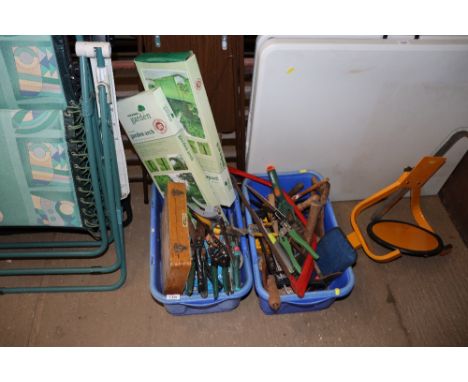 A quantity of various items to include hand tools, garden shears, secateurs, bow saw, two Kingfisher garden arches 2.4m, and 