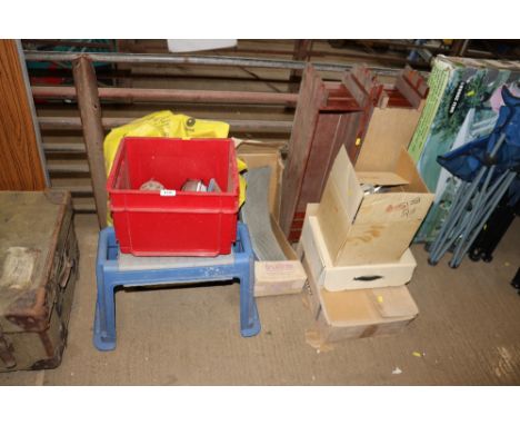 A quantity of various items to include outdoor wall lights, plastic step/stool, pre-formed arched frames, two wooden slatted 