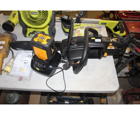 A McCulloch L58CS cordless electric chainsaw with 16" chain, chain protector, McCulloch Powerlink Pro 58 v-max battery, with 