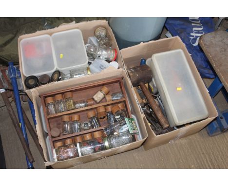 Three boxes containing various fixings, nails, tacks and various hand tools to include wooden mallet etc.