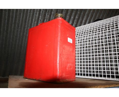 A red painted metal two gallon fuel can with flask cap named to Anglian American Company Ltd.