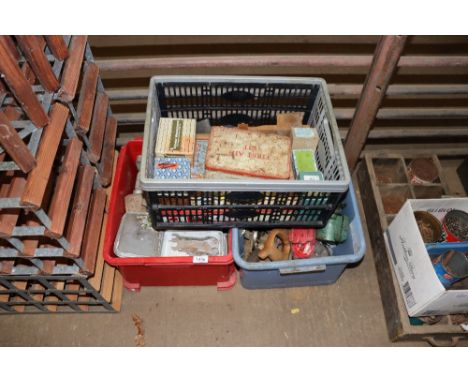 Three boxes of various tools, fixings, hand saws, oil cans etc.