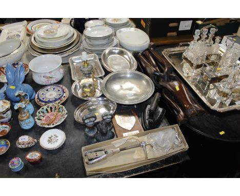 A carved wooden stand, English Pewter tray, an oil  lamp, flat iron etc.