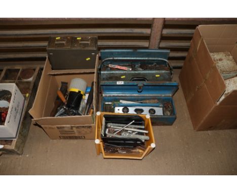Two metal tool boxes and contents of tools, a quantity of sockets, drill bits, large Allen keys, a metal two drawer chest, bu