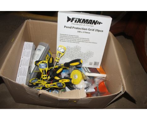 A box containing a quantity of as new Phillips screwdrivers, a pond protection grid, a sonic mole repeller, a Silverline bicy