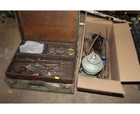 A wooden tool box with interior tray and contents of various hand tools together with a box of various tools, paraffin lamp a