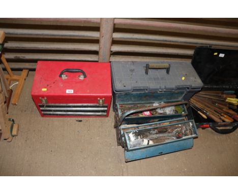 A small metal tool box comprising three drawers and hinged lid together with two tool boxes and contents of various tools