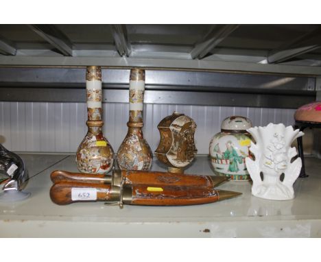 A pair of satsuma vases and a single satsuma vase AF, a Chinese ginger jar and two Oriental carving&nbsp;knife and fork in ca