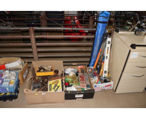 Three boxes of various tools to include rubber mallet, smoothing plane, hand brace, a boxed Stanley smoothing plane, a boxed 