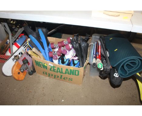 A quantity of wooden paddles, roller skating shoes, snorkelling flippers, a quantity of various sports racquets, yoga mat etc