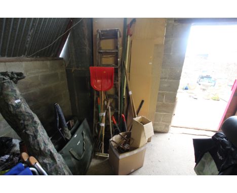 A quantity of various items to include large wooden step ladder, various gardening tool including shovel, broom, sledge hamme