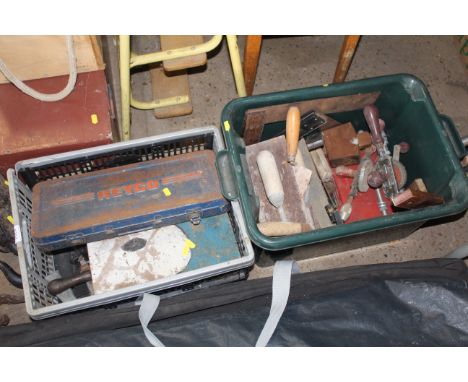 Two boxes and contents of various tools to include plasterers trowel, hand brace, wooden mallet, metal tin of drill bits, var