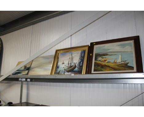 P. Levy, oil on canvas of a boat contained in gilt frame and oil on canvas of a coastal scene indistinctly signed together wi