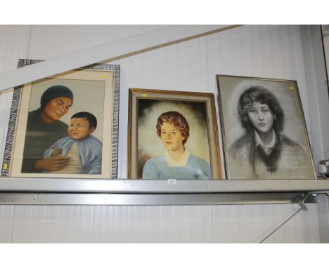 A charcoal portrait signed and dated Paris 80, an oil on canvas portrait study dated 1959 and a portrait study of mother and 