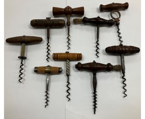 A collection of nine various T bar corkscrews including one stamped “The Antiquami Corkscrew - J &amp; W Hardie” (9)