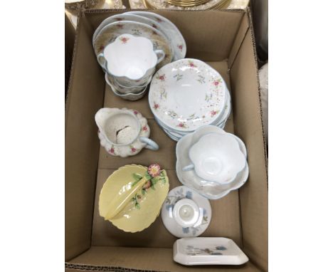 A Shelley floral spray decorated part tea set, two Carlton ware dishes and a knife and a Wedgwood "Ice Rose" candlestick and 