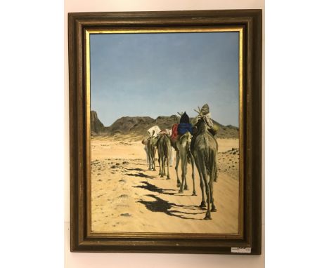 A R LUYKEN "Camel train", oil on board, unsigned, signed and titled indistinctly verso, 41 cm x 30.5 cm