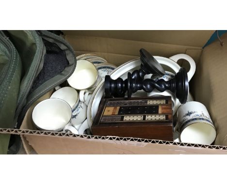 Four boxes of various china, slate mantel clock, lighting etc