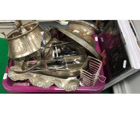 A box of various plated wares to include dishes, asparagus servers, six section toast rack, cutlery, hip flask, pedestal bowl