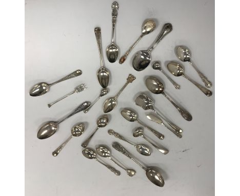 A collection of 21 various spoons including teaspoons, salts, mustards, caddy spoon, etc. and a miniature seal ended three pr