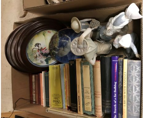 A box of assorted sundry items to include decorative plates, a Nao figure of a girl carrying a basket of fruit and three simi