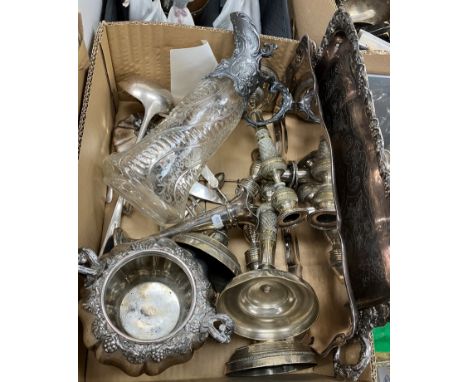 A box containing a quantity of various plated wares to include two pairs of Continental candlesticks, rectangular drinks' tra