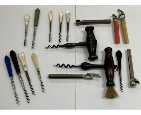 Five mother of pearl-handled scent bottle corkscrews, a bone-handled scent bottle corkscrew, two ebony-handled similar and tw