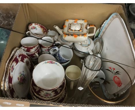 Two boxes of assorted china, glass and other decorative wares to include a Royal Grafton "Academy" puce and floral ground par