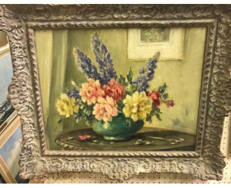 GWEN FROWEN "Flowers in bowl with scissors on a table", still life study, oil on canvas, signed lower left, 41 cm x 51 cm   C