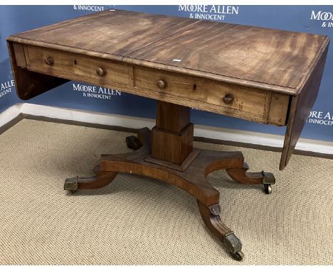 An early 19th Century mahogany drop-leaf sofa table, the top with moulded edge over two frieze drawers on a square centre ped