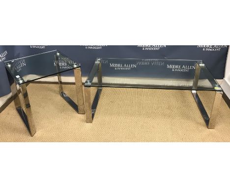 A modern glass top rectangular coffee table on chrome end supports, 110 cm wide x 60.5 cm deep x 38.5 cm high, together with 