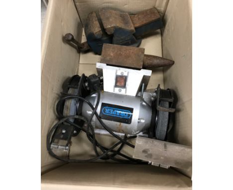 Four boxes of assorted tools, etc, to include vice, pliers, shovels, etc, two brooms, a shovel, a fork and a cast metal green