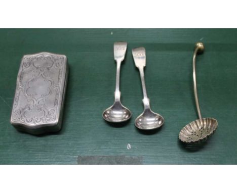 A WHITE METAL SNUFF BOX together with a white metal ladle and two plated spoons 