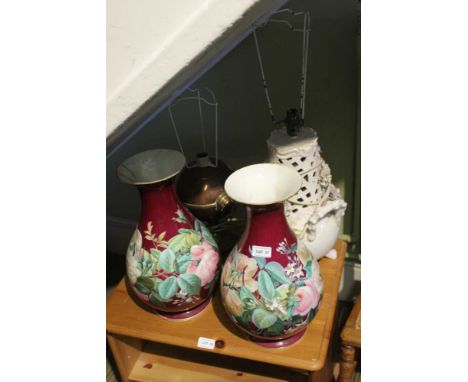 A COPPER BASED LAMP formed from a small samovar, together with a pair of floral decorated vases, and a reticulated floral pot