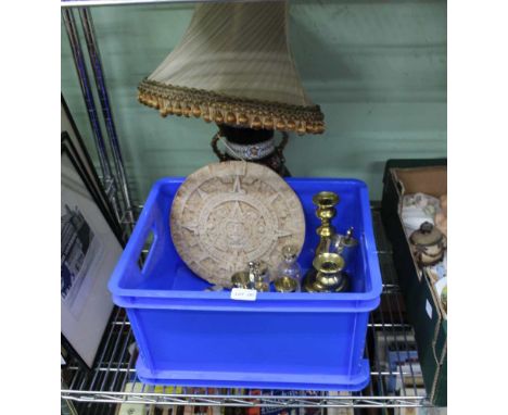 A LARGE POTTERY TABLE LIGHT together with a selection of domestic metalwares, a clockwork figure and an Aztec calendar 