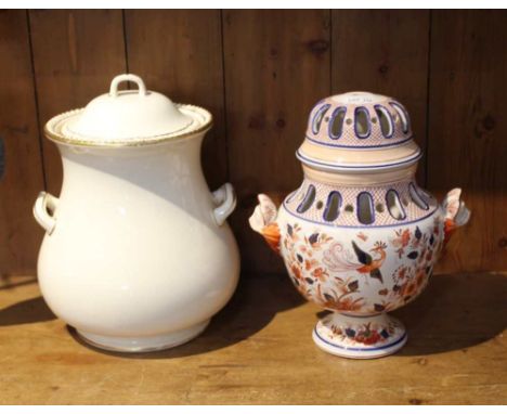 AN ENGLISH IMARI PALETTE RETICULATED POTTERY LAMP BASE, together with a Mortlocks of Oxford St, branded bulbous bodied potter