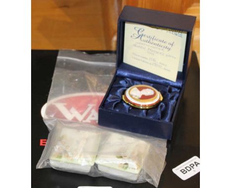 A PAIR OF NORITAKE PORCELAIN LIDDED PIN DISHES together with two Royal commemorative items, to include limited edition 'Crumm