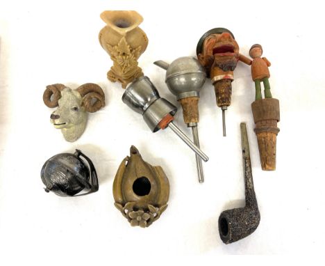 Selection of vintage bottle stoppers / pourers, measham pipe etc 