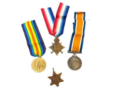 WW1 Mon star group Trio medals 1914 - 15 Star , British War and Victory medal, rim reads:   8527 PTE E AGAR. R. SCOTS, 1939 -