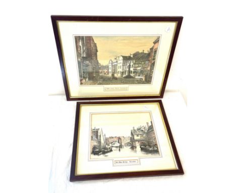 2, Vintage framed prints of Leicester depicting Highcross street, Old West Bridge, largest frame measurements Width 18 inches