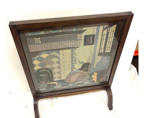 Antique oak tapestry fire screen, approximate height 30 inches, Width 22 inches 