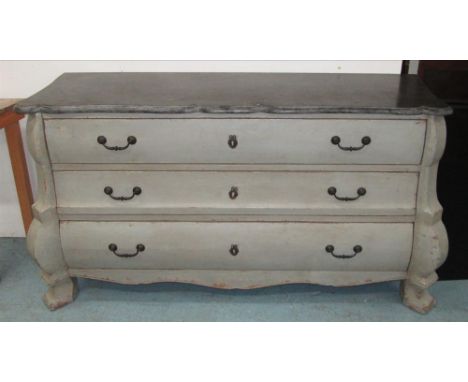 COMMODE, continental style, the marble top on a grey painted base with three long drawers, 160cm L x 50cm D x 86cm H. 